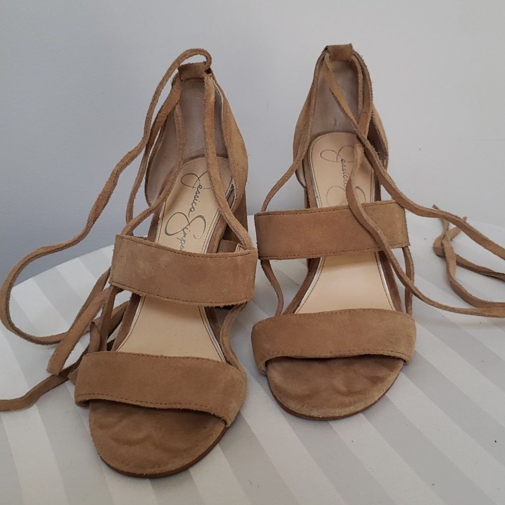Jessica Simpson Sandal Womens 8 Harphor Ballet Tie Barley Tan Suede Heel